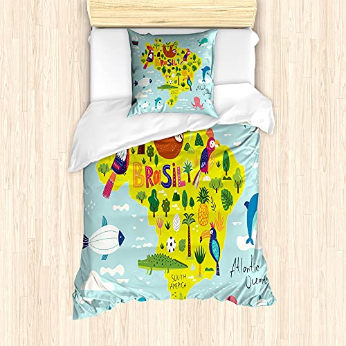 ABAKUHAUS Krokodil Bettbezug Set für Einzelbetten, Brasilien Karte Symbolischer Artikel, Milbensicher Allergiker geeignet mit Kissenbezug, 135 cm x 200 cm - 80 x 80 cm, Blassblau Multicolor von ABAKUHAUS