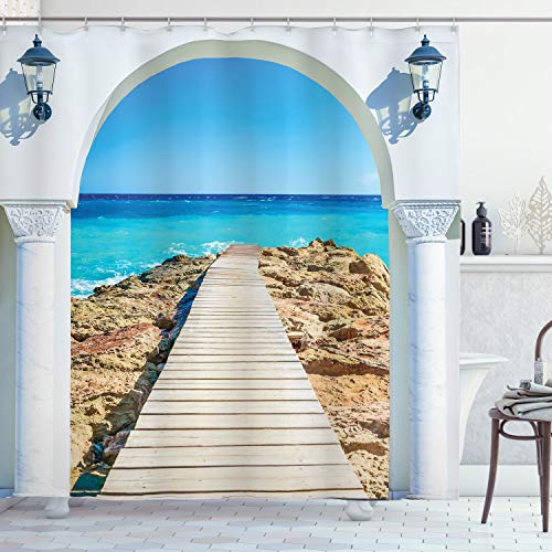 ABAKUHAUS Küsten Duschvorhang, Meer mit einem Quay Coast, Stoffliches Gewebe Badezimmerdekorationsset mit Haken, 175 x 180 cm, Aqua Creme Blau von ABAKUHAUS