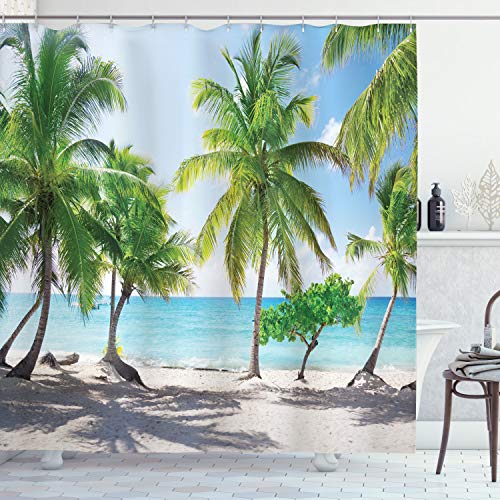 ABAKUHAUS Küsten Duschvorhang, Palmen-Insel-Ufer, mit 12 Ringe Set Stielvoll Modern, 175x200 cm, Kokosnuss Grün Aqua von ABAKUHAUS