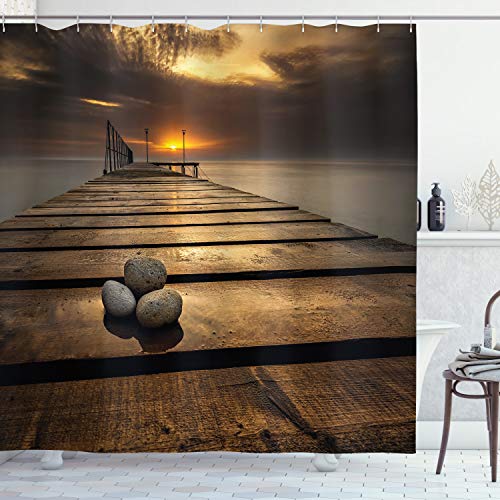 ABAKUHAUS Küsten Duschvorhang, Schwarzes Meer an der Dämmerung Pier, Stoffliches Gewebe Badezimmerdekorationsset mit Haken, 175 x 220 cm, Gelb Braun Grau von ABAKUHAUS