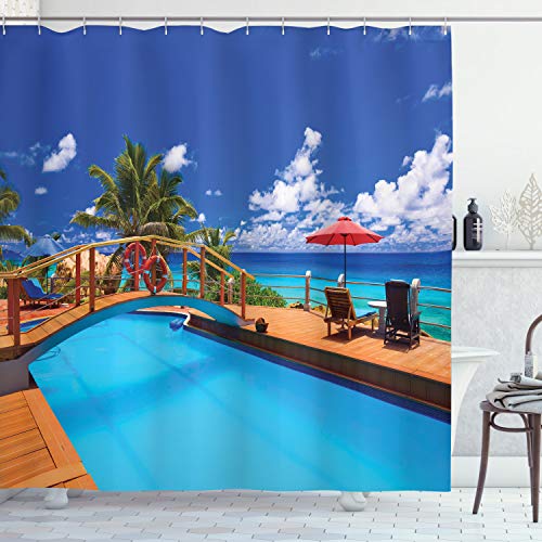 ABAKUHAUS Küsten Duschvorhang, Sea Pool Beach Holiday, Stoffliches Gewebe Badezimmerdekorationsset mit Haken, 175 x 240 cm, Mehrfarbig von ABAKUHAUS
