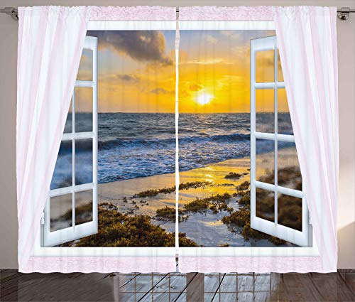 ABAKUHAUS Küsten Rustikaler Gardine, Open Window Sonnenaufgang Meer, Schlafzimmer Kräuselband Vorhang mit Schlaufen und Haken, 280 x 245 cm, Gelb Blau von ABAKUHAUS