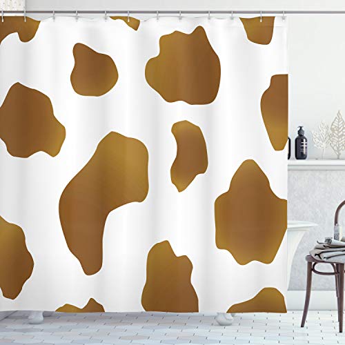 ABAKUHAUS Kuh-Druck Duschvorhang, Brown Spots auf Cow, Stoffliches Gewebe Badezimmerdekorationsset mit Haken, 175 x 180 cm, Weiß Braun von ABAKUHAUS