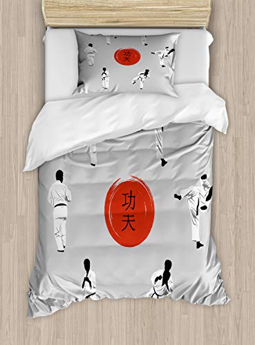 ABAKUHAUS Kung Fu Bettbezugs Set für Einzelbetten, Männer in Karate Kleidung Moves, Milbensicher Allergiker geeignet mit Kissenbezug, 130 x 200 cm, Rot Grau von ABAKUHAUS