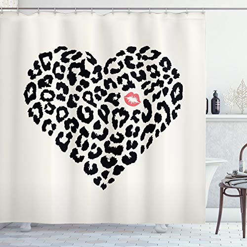 ABAKUHAUS Kuss Duschvorhang, Heart Shaped Leopard-Haut, Stoffliches Gewebe Badezimmerdekorationsset mit Haken, 175 x 200 cm, Creme Black Coral von ABAKUHAUS