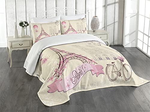 ABAKUHAUS Kuss Tagesdecke Set, Floral Paris Symbol Eiffel, Set mit Kissenbezug Klare Farben, für Einzelbetten 170 x 220 cm, Elfenbein Rosa von ABAKUHAUS