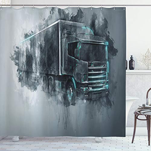 ABAKUHAUS LKW Duschvorhang, Cargo Delivery Theme, Stoffliches Gewebe Badezimmerdekorationsset mit Haken, 175 x 220 cm, Türkis Grau von ABAKUHAUS