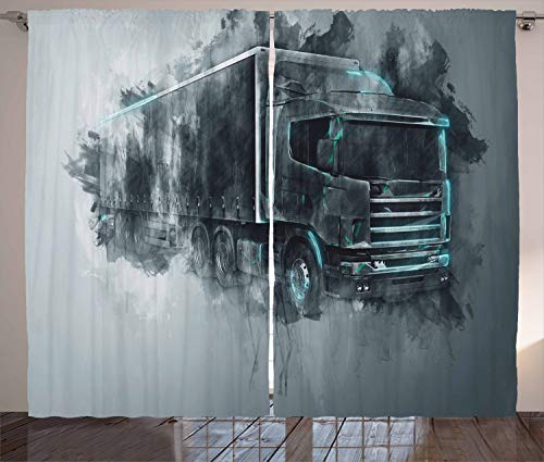 ABAKUHAUS LKW Rustikaler Vorhang, Cargo Delivery Theme, Wohnzimmer Universalband Gardinen mit Schlaufen und Haken, 280 x 175 cm, Türkis Grau von ABAKUHAUS