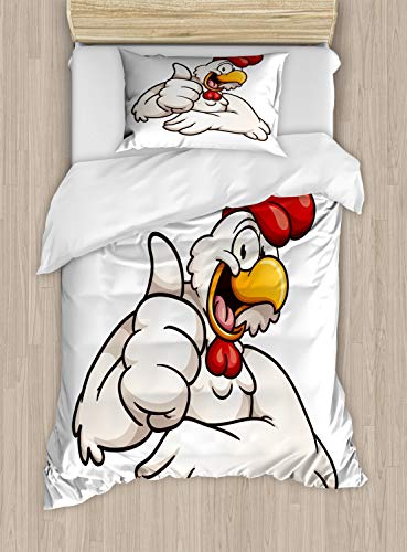 ABAKUHAUS Lächeln Bettbezugs Set für Einzelbetten, Joyous Cartoon-Stil Huhn, Milbensicher Allergiker geeignet mit Kissenbezug, 130 x 200 cm, Rot Weiß von ABAKUHAUS