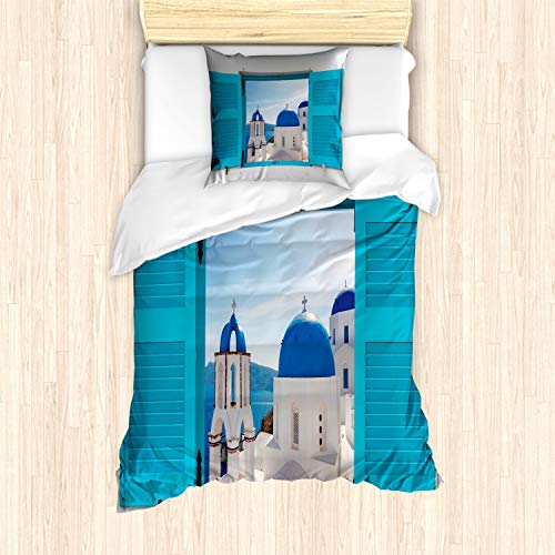 ABAKUHAUS Landschaft Bettbezug Set, Griechenland Oia Gebäude, Milbensicher Allergiker geeignet mit Kissenbezügen, 135 cm x 200 cm - 80 x 80 cm, Aqua-Blau-Weiß von ABAKUHAUS