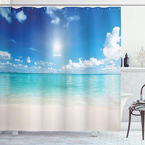 ABAKUHAUS Landschaft Duschvorhang, Himmel und tropisches Meer, Stoffliches Gewebe Badezimmerdekorationsset mit Haken, 175 x 180 cm, Creme Türkis Weiß von ABAKUHAUS