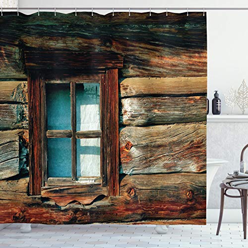 ABAKUHAUS Landschaft Duschvorhang, Holz-Muster-Fenster, Stoffliches Gewebe Badezimmerdekorationsset mit Haken, 175 x 220 cm, Brown und Blau von ABAKUHAUS