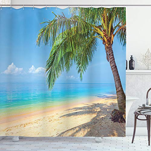 ABAKUHAUS Landschaft Duschvorhang, Tropic Botanic Bild, Stoffliches Gewebe Badezimmerdekorationsset mit Haken, 175 x 180 cm, Sky Blue Creme von ABAKUHAUS