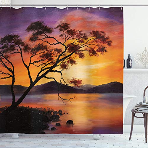 ABAKUHAUS Landschaft Duschvorhang, River Mountain Sunset, Stoffliches Gewebe Badezimmerdekorationsset mit Haken, 175 x 200 cm, Burnt Orange Lila von ABAKUHAUS