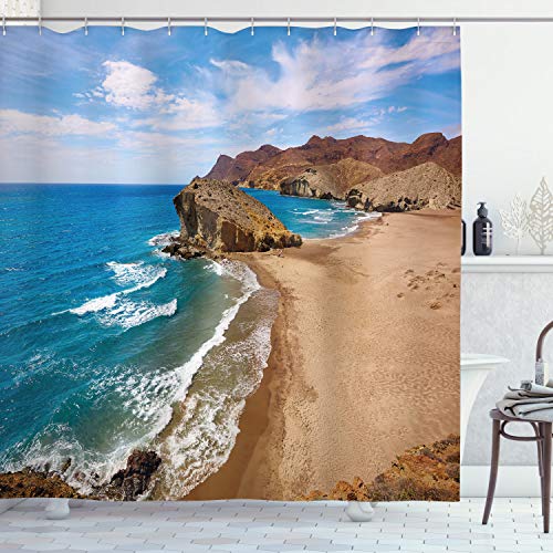 ABAKUHAUS Landschaft Duschvorhang, Sommer-Strand-Spanien, Stoffliches Gewebe Badezimmerdekorationsset mit Haken, 175 x 180 cm, Braun Blau von ABAKUHAUS