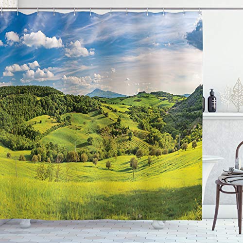 ABAKUHAUS Landschaft Duschvorhang, Toskana Italien Bauernhöfe, Stoffliches Gewebe Badezimmerdekorationsset mit Haken, 175 x 240 cm, Sky Blue Apfelgrün von ABAKUHAUS