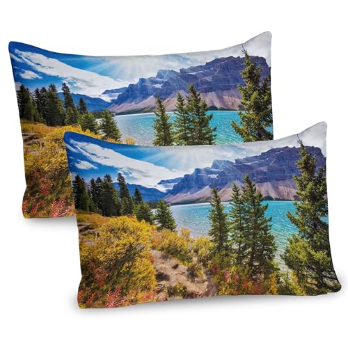 ABAKUHAUS Landschaft Kissenbezug Packung mit 2, Nationalpark Banff kanadische Rockies-Gebirgsbäume Glacial See-sonniger Himmel, Dekorativer Standard Gedruckter Kissenbezug, 80 x 40 cm, Aqua Mauve Grün von ABAKUHAUS