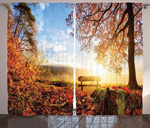 ABAKUHAUS Landschaft Rustikaler Vorhang, Herbst Wald Bank, Wohnzimmer Universalband Gardinen mit Schlaufen und Haken, 280 x 175 cm, Orange Rot Blau von ABAKUHAUS