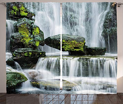 ABAKUHAUS Landschaft Rustikaler Vorhang, Wasserfall mit Felsen, Wohnzimmer Universalband Gardinen mit Schlaufen und Haken, 280 x 245 cm, Grün Grau von ABAKUHAUS