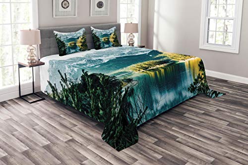 ABAKUHAUS Landschaft Tagesdecke Set, Berg Frozen Lake, Set mit Kissenbezügen Mit Digitaldruck, für Doppelbetten 220 x 220 cm, Weiß Grün von ABAKUHAUS