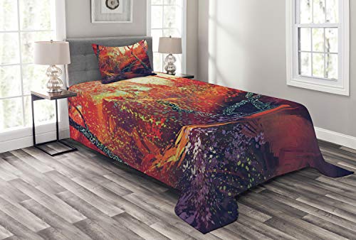 ABAKUHAUS Landschaft Tagesdecke Set, Herbst-Herbst-Landschaft, Set mit Kissenbezügen Sommerdecke, für Einzelbetten 170 x 220 cm, Orange Lila von ABAKUHAUS