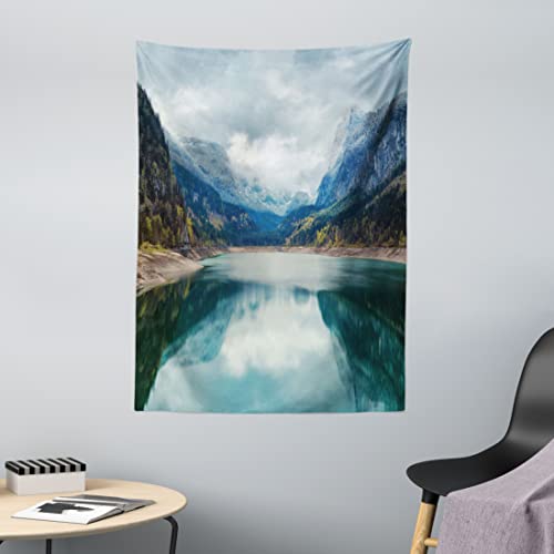 ABAKUHAUS Berg Wandteppich, Alpine Lake Sky Wald aus Weiches Mikrofaser Stoff Waschbar ohne Verblassen Digitaldruck, 110 x 150 cm, Blau Grün Grau von ABAKUHAUS