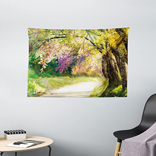 ABAKUHAUS Landschaft Wandteppich, Frühlings-Park-Gehweg, Wohnzimmer Schlafzimmer Heim Seidiges Satin Wandteppich, 150 x 100 cm, Grün Braun von ABAKUHAUS