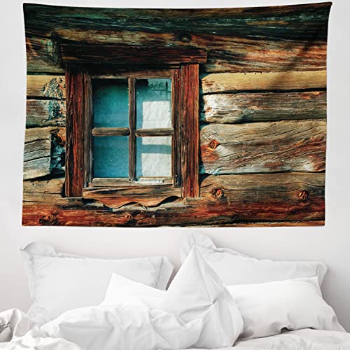 ABAKUHAUS Landschaft Wandteppich, Holz-Muster-Fenster aus Weiches Mikrofaser Stoff Waschbar ohne Verblassen Digitaldruck, 150 x 110 cm, Blau von ABAKUHAUS