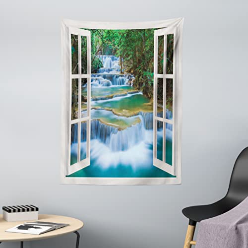 ABAKUHAUS Landschaft Wandteppich, Offenes Fenster zum Fluss, der in einem Wald mit Frühlingsbäumen fließt, aus Weiches Mikrofaser Stoff Wand Dekoration Für Schlafzimmer, 110 x 150 cm, Multicolor von ABAKUHAUS