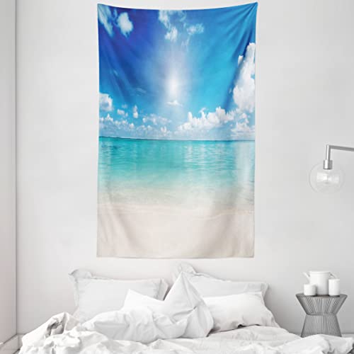 ABAKUHAUS Landschaft Wandteppich und Tagesdecke, Himmel und tropisches Meer aus Weiches Mikrofaser Stoff Waschbar ohne Verblassen Digitaldruck, 140 x 230 cm, Creme Türkis Weiß von ABAKUHAUS