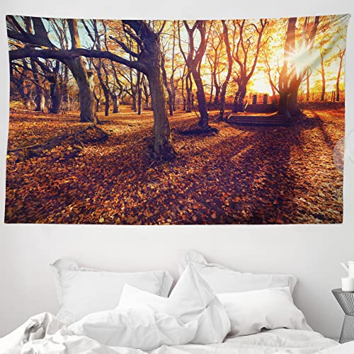 ABAKUHAUS Landschaft Wandteppich und Tagesdecke, Sonnenuntergang Wald Bäume aus Weiches Mikrofaser Stoff Waschbar ohne Verblassen Digitaldruck, 230 x 140 cm, Gelb Braun von ABAKUHAUS