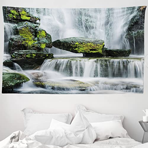 ABAKUHAUS Landschaft Wandteppich und Tagesdecke, Wasserfall mit Felsen aus Weiches Mikrofaser Stoff Waschbar ohne Verblassen Digitaldruck, 230 x 140 cm, Grün von ABAKUHAUS