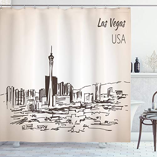 ABAKUHAUS Las Vegas Duschvorhang, Nevada State Hand gezeichnet, Stoffliches Gewebe Badezimmerdekorationsset mit Haken, 175 x 200 cm, Schwarz Beige von ABAKUHAUS