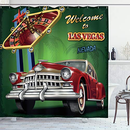 ABAKUHAUS Las Vegas Duschvorhang, Retro Car Roulette-Tisch, Stoffliches Gewebe Badezimmerdekorationsset mit Haken, 175 x 220 cm, Mehrfarbig von ABAKUHAUS