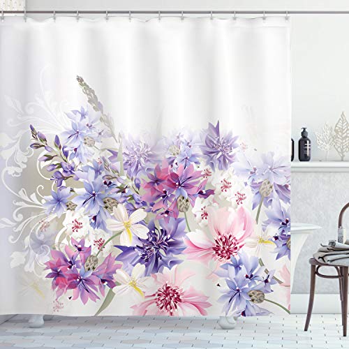 ABAKUHAUS Lavendel Duschvorhang, Rosa Lila Blumen, Stoffliches Gewebe Badezimmerdekorationsset mit Haken, 175 x 180 cm, Violett Weiß Rosa von ABAKUHAUS