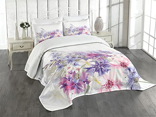 ABAKUHAUS Lavendel Tagesdecke Set, Rosa Lila Blumen, Set mit Kissenbezügen Waschbar, für Doppelbetten 220 x 220 cm, Lila Weiß von ABAKUHAUS