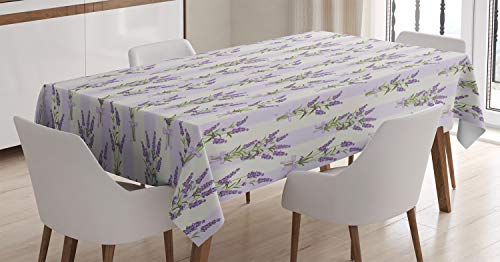 ABAKUHAUS Lavendel Tischdecke, Streifen und Blumen, Inn und Outdoor Bereich geeignet Waschbar Druck Klare Farben Kein Verblassen, 140 x 200 cm, Lila Lavendel von ABAKUHAUS