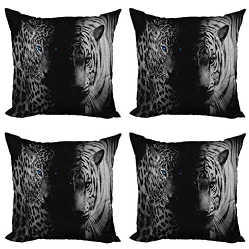 ABAKUHAUS Leopard Dekokissen Kissenbezug 4er Pack, Wilder Leoparden, Modern Accent Doppelseitiger Digitaldruck, 50 x 50 cm, Weiß Schwarz von ABAKUHAUS