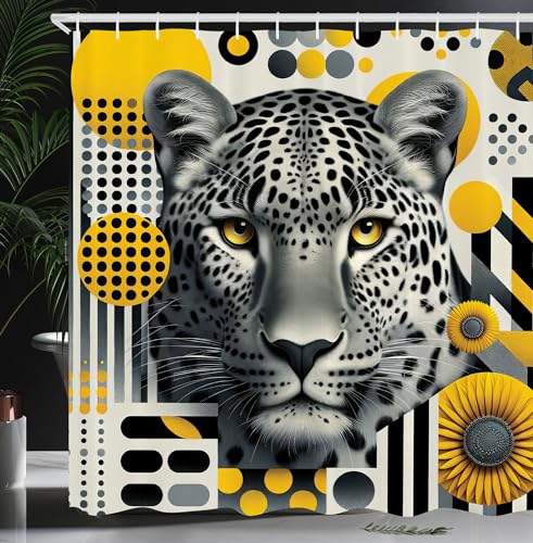 ABAKUHAUS Leopard Duschvorhang, Graustufen Komposition von Retro Mid Century Modern Geometrie Wild Cat, Stoffliches Gewebe Badezimmerdekorationsset mit Haken, 175 x 200 cm, Anthrazitgrau Senf ABAKUHAUS Leopard Duschvorhang, Graustufen Komposition von Retro Mid Century Modern Geometrie Wild Cat, Stoffliches Gewebe Badezimmerdekorationsset mit Haken, 175 x 200 cm, Anthrazitgrau Senf von ABAKUHAUS