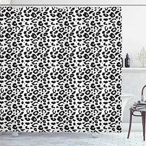ABAKUHAUS Leopard Duschvorhang, Monochrome Sketchy Drucken, Stoffliches Gewebe Badezimmerdekorationsset mit Haken, 175 x 240 cm, Charcoal Grau und Weiß von ABAKUHAUS
