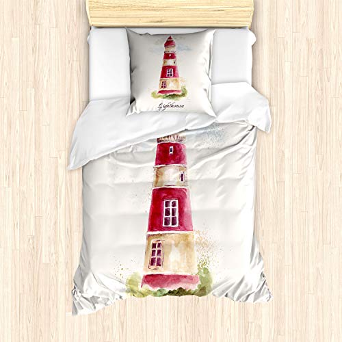 ABAKUHAUS Leuchtturm Bettbezug Set für Einzelbetten, Pastell Aquarelle, Milbensicher Allergiker geeignet mit Kissenbezug, Hellbeige Rot von ABAKUHAUS