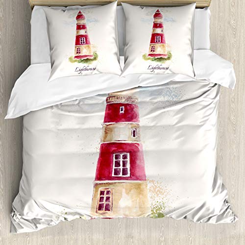 ABAKUHAUS Leuchtturm Bettbezugs Set Für Doppelbetten, Pastell Aquarelle, Milbensicher Allergiker geeignet mit Kissenbezügen, Hellbeige Rot ABAKUHAUS Leuchtturm Bettbezugs Set Für Doppelbetten, Pastell Aquarelle, Milbensicher Allergiker geeignet mit Kissenbezügen, Hellbeige Rot von ABAKUHAUS