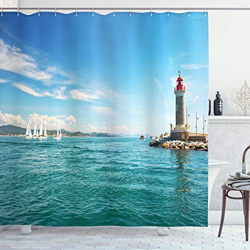 ABAKUHAUS Leuchtturm Duschvorhang, Sonniger Tag am Meer, Stoffliches Gewebe Badezimmerdekorationsset mit Haken, 175 x 180 cm, Mehrfarbig von ABAKUHAUS