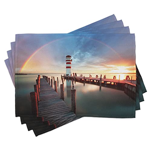 ABAKUHAUS Leuchtturm Platzmatten, Sonnenuntergang Leuchtturm Küste Wolken Regenbogen Spiegelbild Foto Muster, Waschbare Stoff Esszimmer Küche Tischdekorations Digitaldruck, Rot Blau von ABAKUHAUS