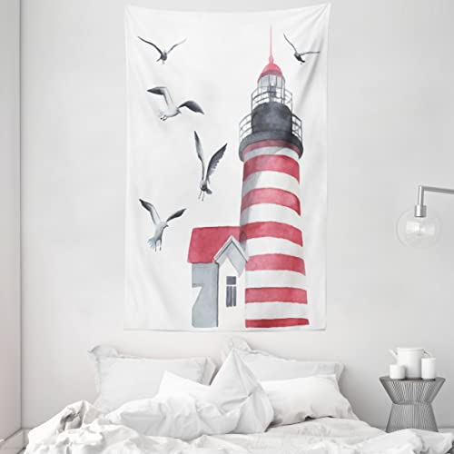 ABAKUHAUS Leuchtturm Wandteppich und Tagesdecke, Seagulls Strand Meer aus Weiches Mikrofaser Stoff Waschbar ohne Verblassen Digitaldruck, 140 x 230 cm, Rot Grau Weiß von ABAKUHAUS