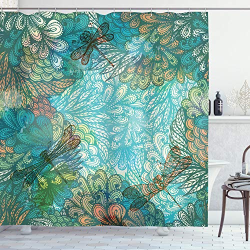 ABAKUHAUS Libelle Duschvorhang, Fantasie-Blumen Mix, Stoffliches Gewebe Badezimmerdekorationsset mit Haken, 175 x 220 cm, Turquoise Bernstein von ABAKUHAUS