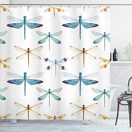 ABAKUHAUS Libelle Duschvorhang, Regelmäßige Linien Insekten, Stoffliches Gewebe Badezimmerdekorationsset mit Haken, 175 x 180 cm, Orange Blue von ABAKUHAUS