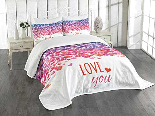 ABAKUHAUS Liebe Tagesdecke Set, Herz-Liebe-Frühling, Set mit Kissenbezügen Moderne Designs, für Doppelbetten 264 x 220 cm, Rosa Lila von ABAKUHAUS