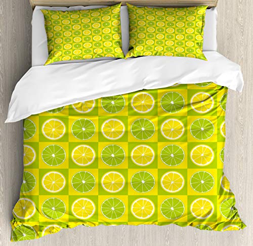 ABAKUHAUS Lime Green Bettbezug Set für Einzelbetten, Lemon Lime Pop-Art, Milbensicher Allergiker geeignet mit Kissenbezug, 200 x 200 cm - 70 x 50 cm, Gelb Lindgrün von ABAKUHAUS