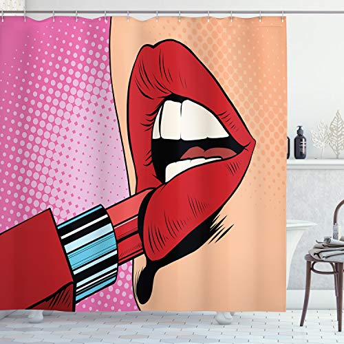 ABAKUHAUS Pop Art Duschvorhang, Halftone Comic Pop Art Girl, Stoffliches Gewebe Badezimmerdekorationsset mit Haken, 175 x 240 cm, Rot Rosa von ABAKUHAUS